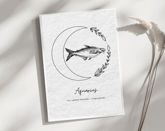 Animale spirituale dell'Acquario, segno zodiacale, simbolo zodiacale del pesce, illustrazione, arte murale neutra e minimalista, stampa di poster, arredamento per la casa, regali personali.