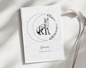 Animale spirituale dei Gemelli, segno zodiacale, simbolo zodiacale della volpe, illustrazione, arte murale minimalista neutra, stampa di poster, arredamento per la casa, regali personali.