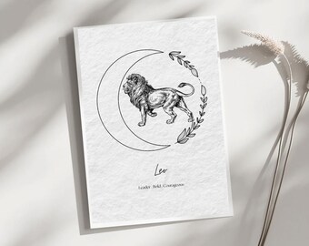 Animale spirituale del Leone, segno zodiacale, simbolo zodiacale. Illustrazione del Leone, arte murale minimalista neutra, stampa di poster, arredamento per la casa, regali personali.
