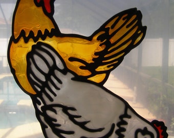 2 Hens Chickens Stained Glass Window CLING suncatcher 9X7.25"
