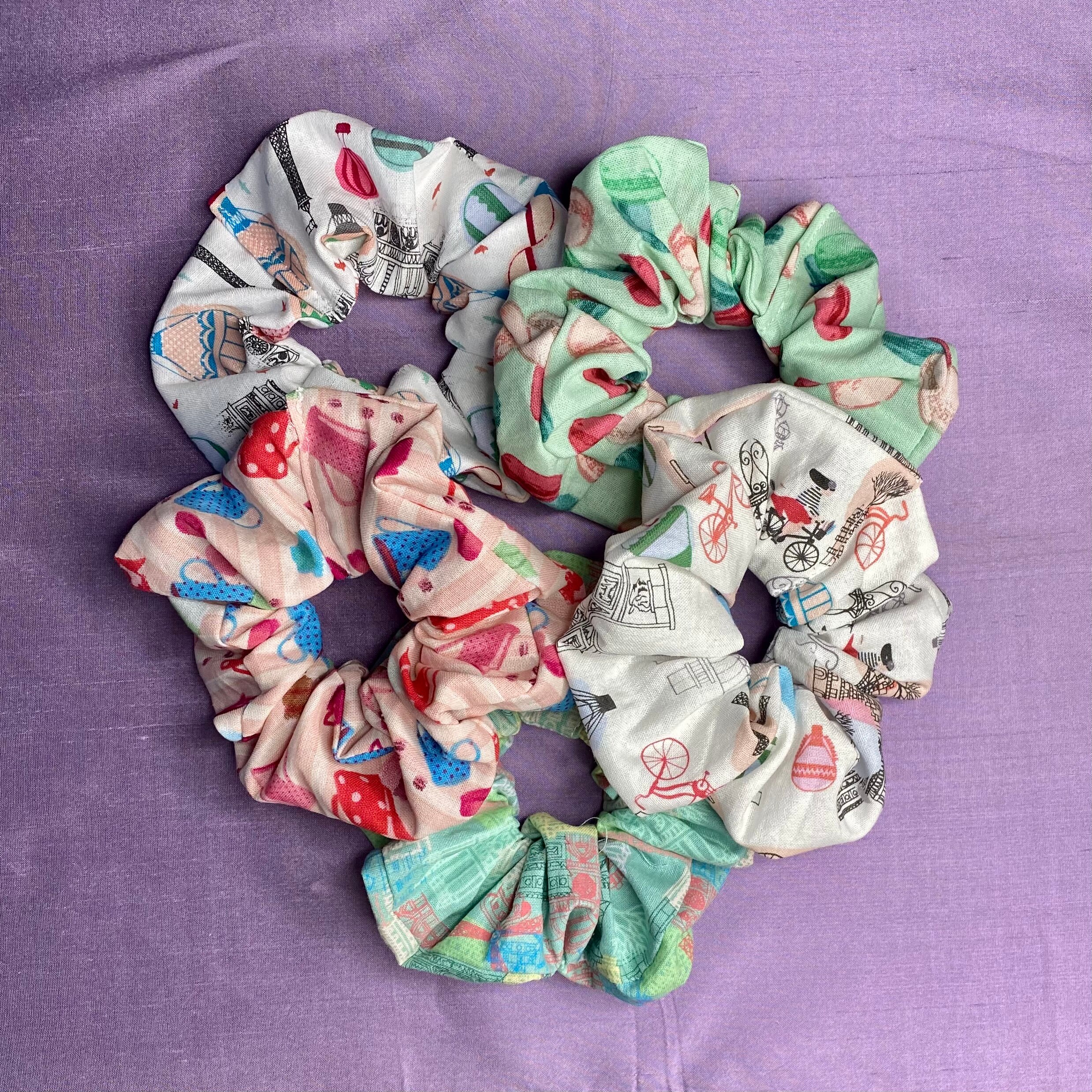 Set of 5 Paris themed cotton scrunchies