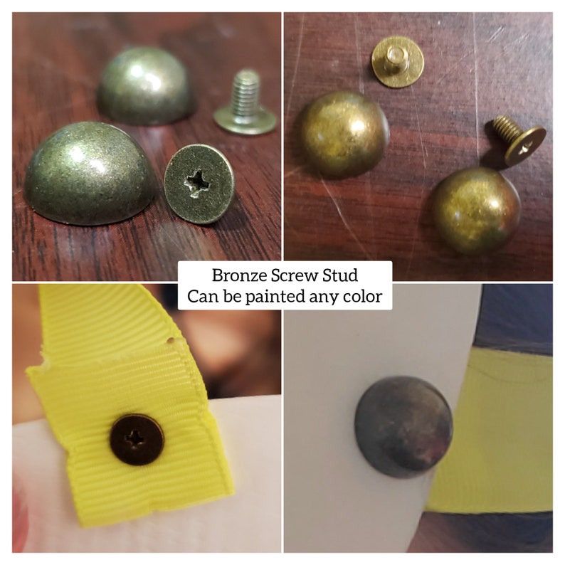 K&ouml;nnte beinhalten: Bronze Schraubnieten in verschiedenen Ansichten. Die Nieten haben einen abgerundeten, kuppelf&ouml;rmigen Kopf und einen Schraubschaft. Der Text im Bild lautet "Bronze Screw Stud" und "Kann in jeder Farbe lackiert werden."