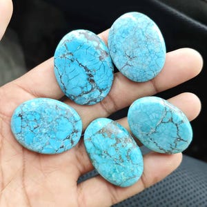 May include: Five oval-shaped turquoise gemstones with a polished finish. Each stone displays a vibrant sky-blue color with intricate, dark brown matrix veining patterns running throughout the surface of the smooth, rounded cabochon stones.