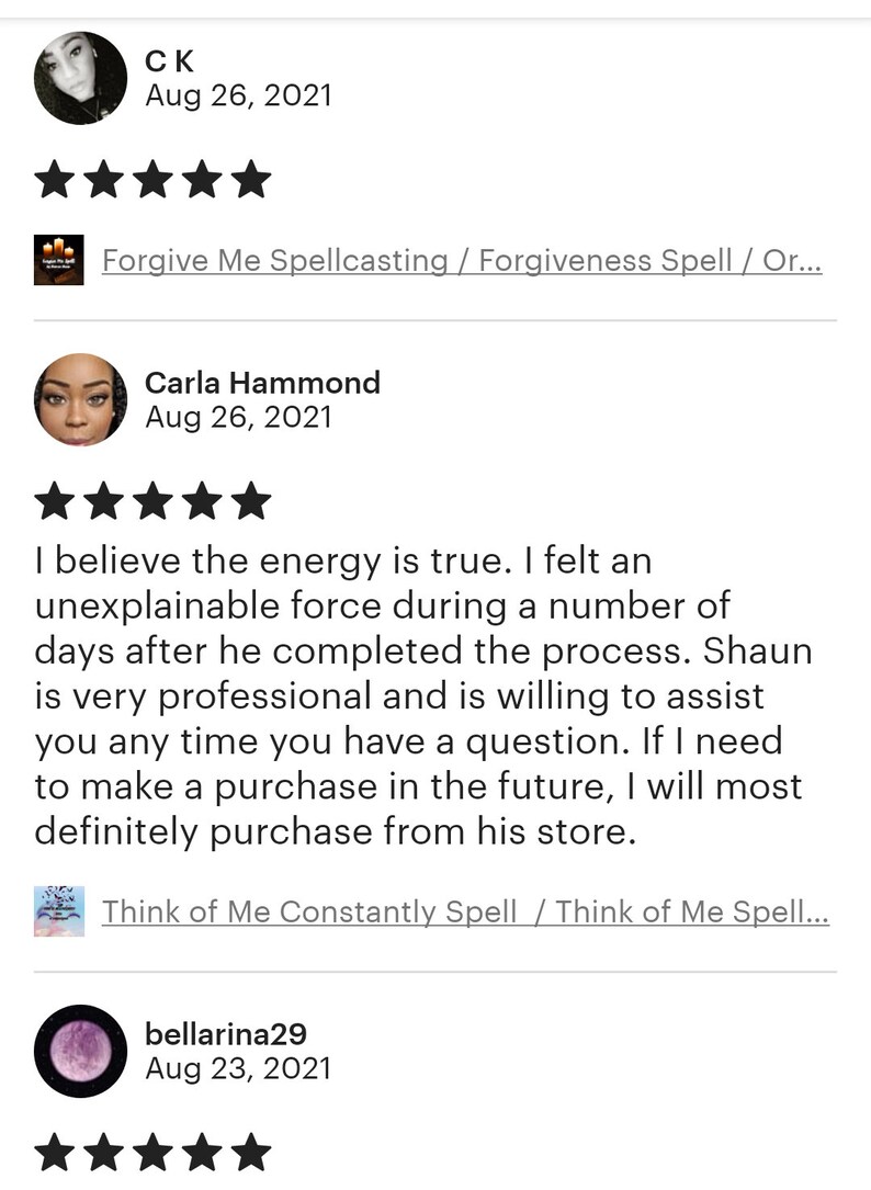 May include: Screenshot of Etsy reviews. The image shows customer testimonials with star ratings and dates. One review mentions a positive experience with a spellcasting service, highlighting professionalism and willingness to assist.