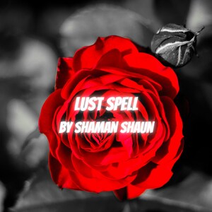 May include: A vibrant red rose with the text "LUST SPELL BY SHAMAN SHAUN" in white, set against a black and white blurred background. The image features a fully bloomed rose and a bud.