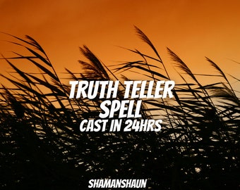 May include: An orange and yellow sunset background with tall, dark silhouettes of reeds in the foreground. The text reads "TRUTH TELLER SPELL CAST IN 24HRS" with the name "SHAMANSHAUN" below.