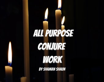 Könnte beinhalten: Eine Reihe weißer Kerzen, die vor einem schwarzen Hintergrund hell brennen. Der Text "ALL PURPOSE CONJURE WORK BY SHAMAN SHAUN" ist in weißen Buchstaben geschrieben.