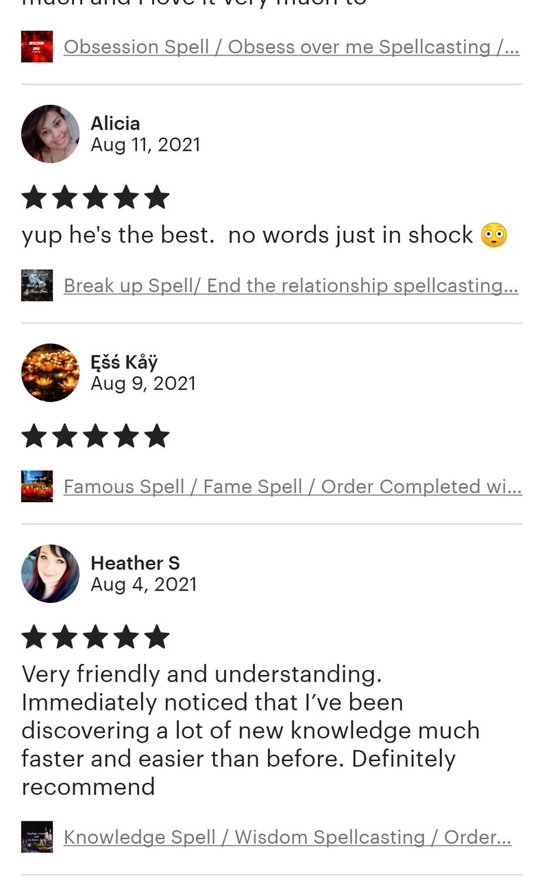 Pu&ograve; includere: Screenshot delle recensioni dei prodotti Etsy. Le recensioni includono commenti dei clienti, date e valutazioni a stelle. Le recensioni menzionano incantesimi, tra cui incantesimi di ossessione, rottura, fama e conoscenza.