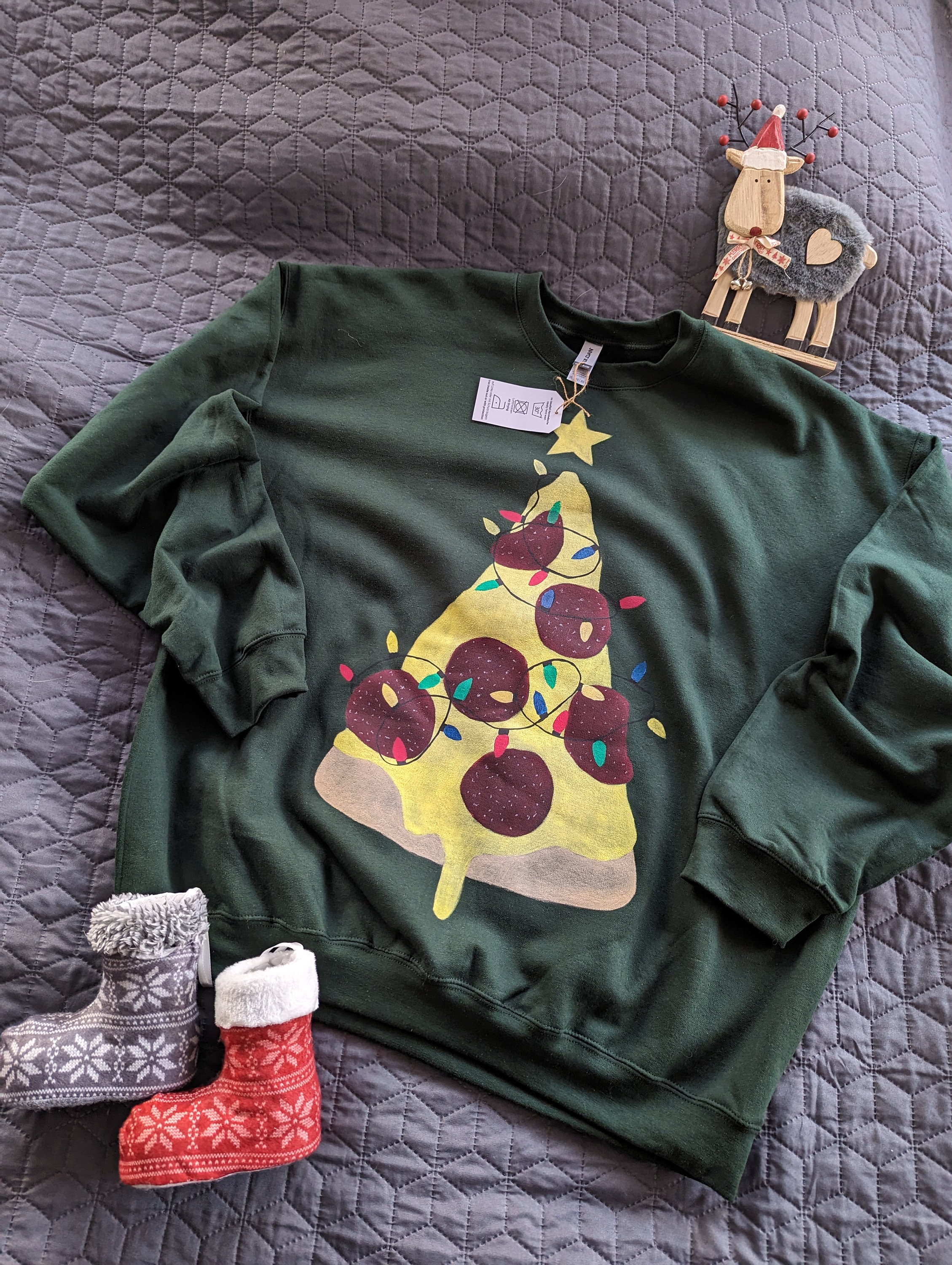Pizza christmas tree sequin sweater deals