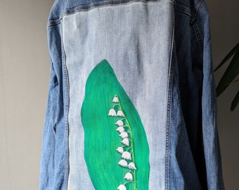 Painted denim jacket - upcycled - lily of the valley - XXL