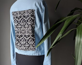 Veste en jean upcycling - dos inséré - ethnique - velours - taille. 40