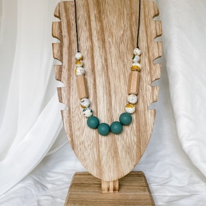 Retro bloemen, dennengroen en hout moderne mama siliconen ketting | Voedingsketting | Borstvoedingsketting | Fiddle-ketting