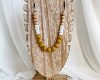 Mustard Yellow, Speckled White, & Beech Wood Modern Mama Silicone Necklace | Nursing Necklace | Breastfeeding Necklace | Fiddle Necklace