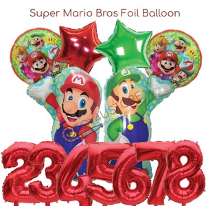 May include: A set of Super Mario Bros. foil balloons, including two large character balloons of Mario and Luigi, two red star-shaped balloons, a round balloon with a Super Mario Bros. design, and five red number balloons. The number balloons spell out the number 2345678.