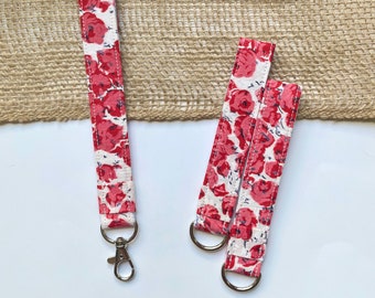 Red & White Floral Key Fob Wristlet, Vintage Fabric, Keychain, Wrist Lanyard