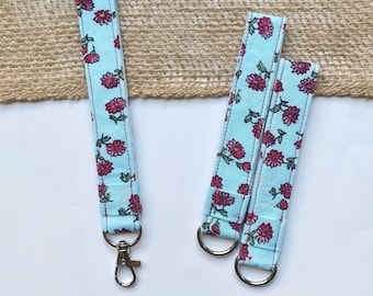 Blue Floral Key Fob Wristlet, Vintage Fabric, Keychain, Wrist Lanyard