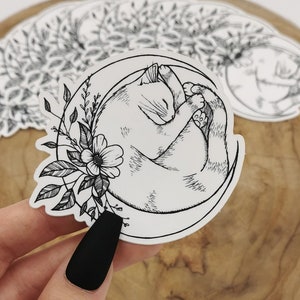Sticker Chat lune & fleurs