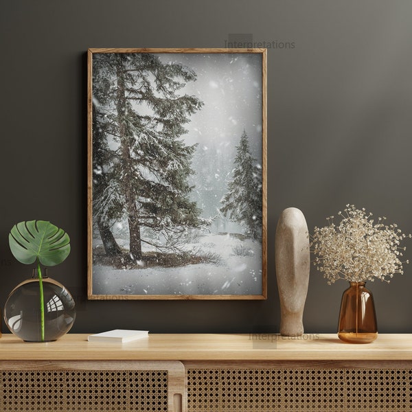 Winter Print, Christmas Decor, Pine Trees Printable Art, Winter Landscape Photo, Organic Christmas Wall Decor, Falling Snow Winter Art