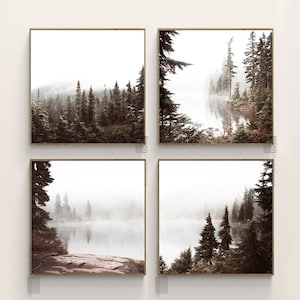 Berg Print Set mit 4 quadratischen Drucken, druckbare Naturkunst, Bergwanddekor, See, minimaler Kiefernwald Neutrales Wohnheim Galeriewandkunst