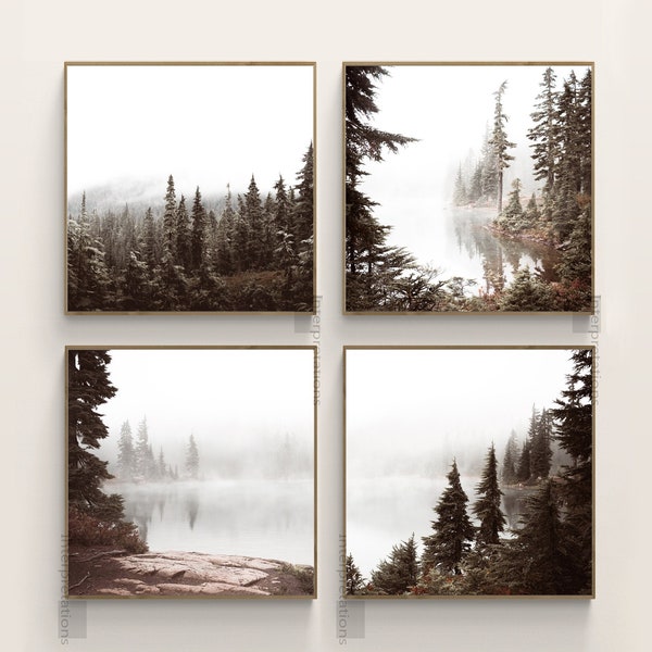 Mountain Print Set of 4 Square Prints, Nature Printable Art, Mountain Wall Decor, Lake, Minimal Pine Forest Neutral dorm Gallery Wall Art