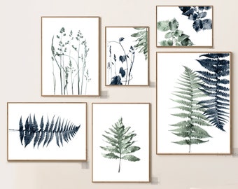 Botanical Print Set of 6, Navy Blue ang Green Organic Home Decor, Farmhouse Wall Art, Printable Wall Art, Minimal Rustic, Fern Gallery Art