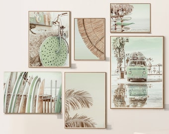 May include: Set of six framed prints with a beach theme. The prints feature a vintage bicycle, a beach umbrella, a surfboard, a van with surfboards on top, and a palm tree. The prints are all in a muted green and brown color palette.
