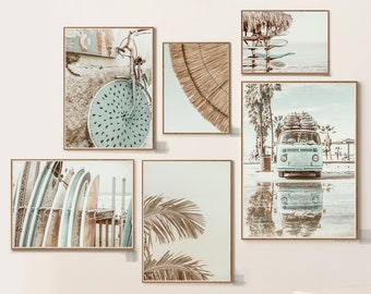 Summer Beach Print Set of 6, Tropical Prints, Printable Wall Decor, Van, Surf, Palm Trees, Coastal Wall Art, dorm Aqua Teal Blue Gallery Art