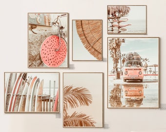 Summer Beach Print Set of 6, Tropical Printable Wall Decor, Van, Surf, Palm Trees Coastal Wall Art, Aqua Blush dorm Gallery posters