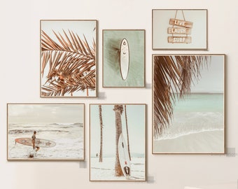 Beach Print Set of 6, Surfing Art Prints, Tropical Beach Decor, Surf, Palm Trees, Surfer, Coastal Printable dorm Wall Art, Aqua Gallery Art