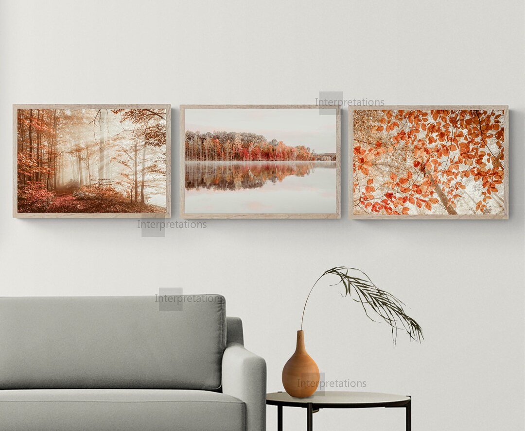 Fall Print Set of 3, Autumn Nature Printable Art, Orange Leaves, Trees ...