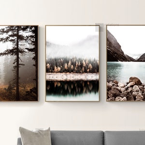Conjunto de impresión de montaña de 3, arte imprimible de la naturaleza de otoño, decoración de la pared del bosque de montaña, arte de la pared de la galería minimalista del lago, pinos, arte del dormitorio neutro