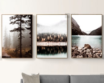 Mountain Print Set of 3, Fall Nature Printable Art, Mountain Forest Wall Decor, Lake Minimal Gallery Wall Art, Pine Trees, Neutral dorm Art
