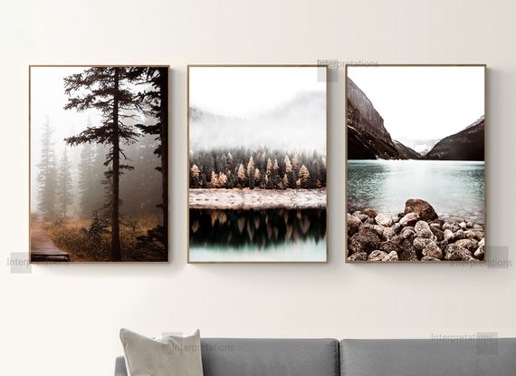 Mountain Print Set of 3, Fall Nature Printable Art, Mountain Forest Wall Decor, Lake Minimal Gallery Wall Art, Pine Trees, Neutral dorm Art