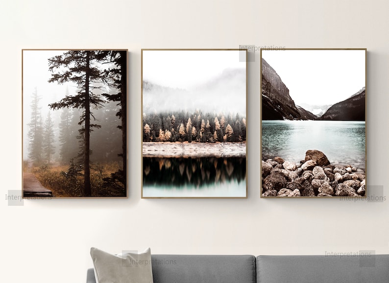 May include: Three framed landscape photographs featuring nature scenes. The first image shows a misty forest with a wooden path leading into the trees. The second image shows a lake with a reflection of trees in the water. The third image shows a lake with mountains in the background and rocks in the foreground.