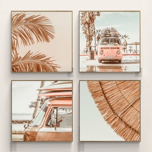 Beach Print Set of 4 Square Prints, Boho Beach Wall Art, Coastal Art, Dorm Beachy Art Home Decor, Surf Van, Palm, Printable Gallery Wall Art