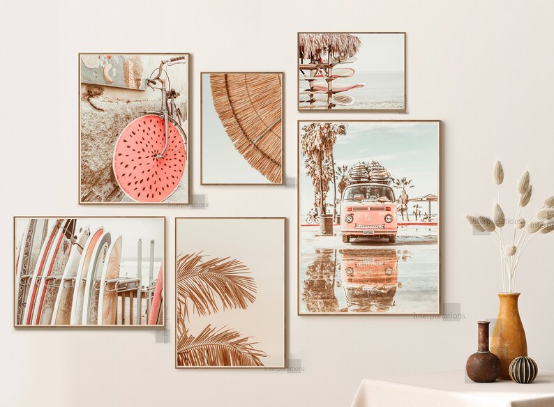 May include: Set of six vintage-style prints featuring beach scenes, including a pink van with surfboards, palm trees, a bicycle with a watermelon, and a beach umbrella. The prints are in a muted color palette with a faded, vintage look.