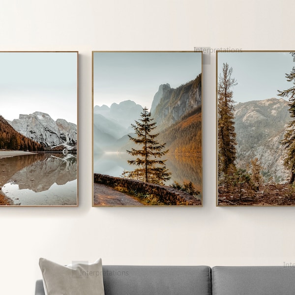 Mountain Print Set of 3, Nature Printable Art, Mountain Wall Decor, Lake, Minimal Gallery Wall Art, Pine Trees, dorm Fall Wall Decor Art