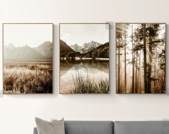 Mountain Print Set of 3, Nature Printable Art, Mountain Forest Wall Decor, Lake Minimal Gallery Wall Art, Pine Trees, Neutral dorm Art