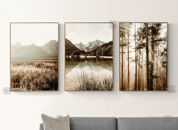 Mountain Print Set of 3, Nature Printable Art, Mountain Forest Wall Decor, Lake Minimal Gallery Wall Art, Pine Trees, Neutral dorm Art