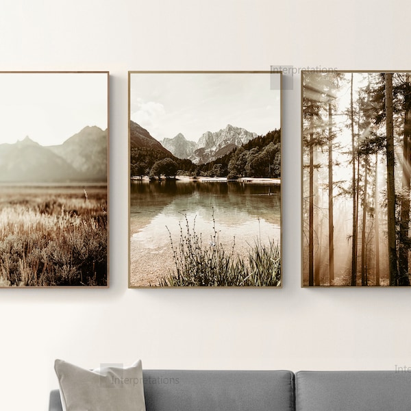 Mountain Print Set of 3, Nature Printable Art, Mountain Forest Wall Decor, Lake Minimal Gallery Wall Art, Pine Trees, Neutral dorm Art