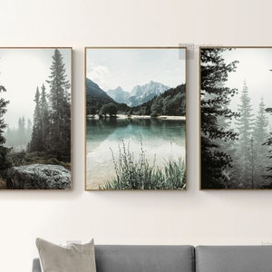 Mountain Print Set of 3, Nature Printable Art, Mountain Forest Wall Decor, Lake Minimal Gallery Wall Art, Green Pine Trees, College dorm Art