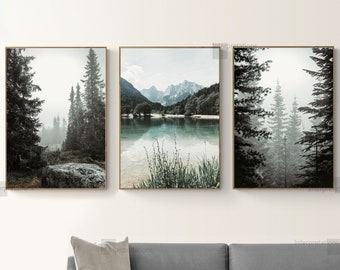 Mountain Print Set of 3, Nature Printable Art, Mountain Forest Wall Decor, Lake Minimal Gallery Wall Art, Green Pine Trees, College dorm Art