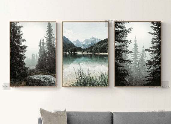 Mountain Print Set of 3, Nature Printable Art, Mountain Forest Wall Decor, Lake Minimal Gallery Wall Art, Green Pine Trees, College dorm Art
