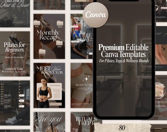 Plantillas de Instagram para Pilates, Yoga y Bienestar / Kit de Redes Sociales editable en Canva (80 publicaciones e historias)