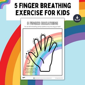 Könnte beinhalten: Ein druckbares Arbeitsblatt mit einem Regenbogenhintergrund und einer Schwarzweißillustration einer Hand mit Pfeilen, die zeigen, wie man die Finger beim Ein- und Ausatmen nachzeichnet. Der Text "5 Finger Breathing Exercise for Kids" befindet sich oben auf der Seite. Der Text "5 Finger Breathing" befindet sich in einem Kasten oben auf dem Arbeitsblatt. Der Text "You can do this breathing activity anywhere at any time using your hand!" befindet sich unter dem Titel. Der Text "START HERE" befindet sich unter der Handillustration. Der Text "When you start to feel worried or anxious, trace around your fingers breathing in and out." befindet sich unter dem Text "START HERE".