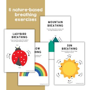May include: Eight printable cards with nature-themed breathing exercises. Each card features a colorful illustration and instructions for tracing the outline of the image with your finger while breathing in and out. The illustrations include a ladybug, mountains, a rainbow, a sun, a flower, a tree, a cloud, and a butterfly.