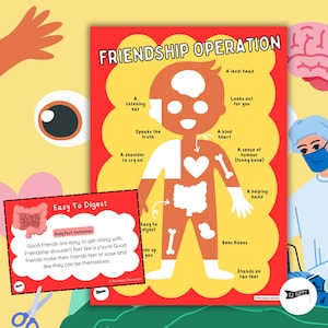 May include: A red and yellow poster with an illustration of a person with different body parts labeled with words describing friendship qualities. The poster says "Friendship Operation" at the top and "Easy To Digest" at the bottom.