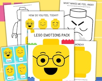 May include: A printable pack of worksheets for kids to learn about emotions using Lego minifigures. The worksheets feature different Lego minifigures with various facial expressions, including happy, sad, worried, and calm. The pack also includes a worksheet for kids to draw or write about what makes them feel angry.
