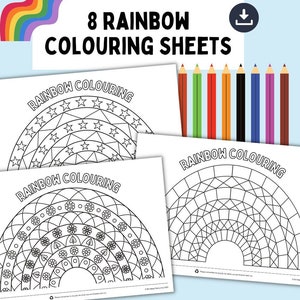 May include: Eight printable rainbow coloring sheets with different designs. Each sheet features a rainbow arc with a unique pattern inside, such as stars, flowers, or geometric shapes. The sheets are perfect for kids to color and practice their fine motor skills.