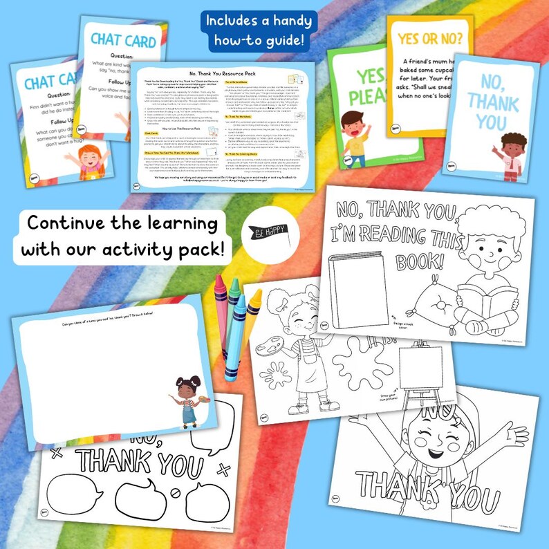 May include: A collection of educational activity cards and coloring pages. The cards feature phrases like "Yes Please" and "No, Thank You," with illustrations of children. The set includes a "No, Thank You Resource Pack" and a "Chat Card."